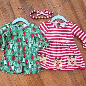 Rare Editions Baby Girls "CHRISTMAS REINDEER & TREE" 2-Dresses 1-Bow